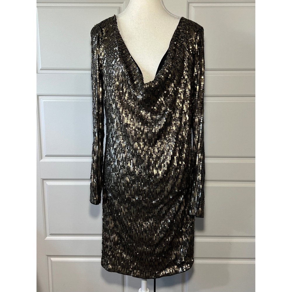 MICHAEL KORS Gold Sequin Black Cowl Neck Long Sleeve Mini Dress Cocktail Small